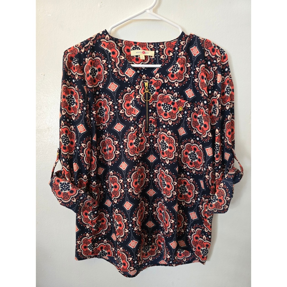 Whimsical Park Navy Coral Medallion Print Roll Tab Sleeve Zip Blouse Medium